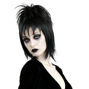 Short Black Wavy Wig with Bangs Bun Hair Clip Pre-styled Gothic
